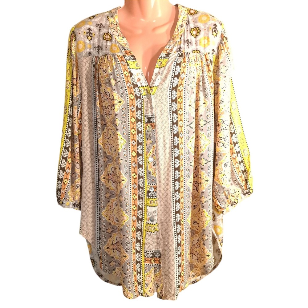 Anthropologie Fig & Flower Blouse Women's M Yellow‎ Gauze Embroidered Boho Artsy